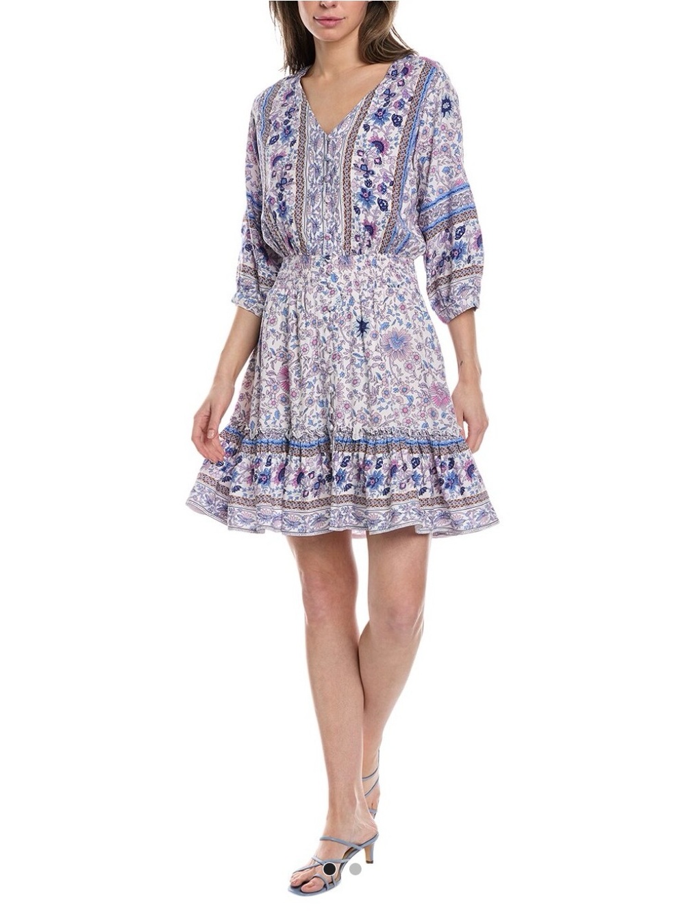 Walker & Wade Kelsey Boho Lavender blue Floral V-Neck Tiered Mini Dress sz small
